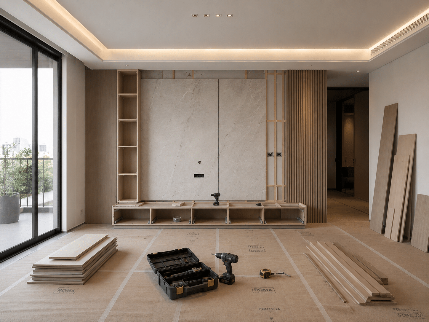 Execução de painel planejado para sala de estar em projeto de design de interiores em Piracicaba