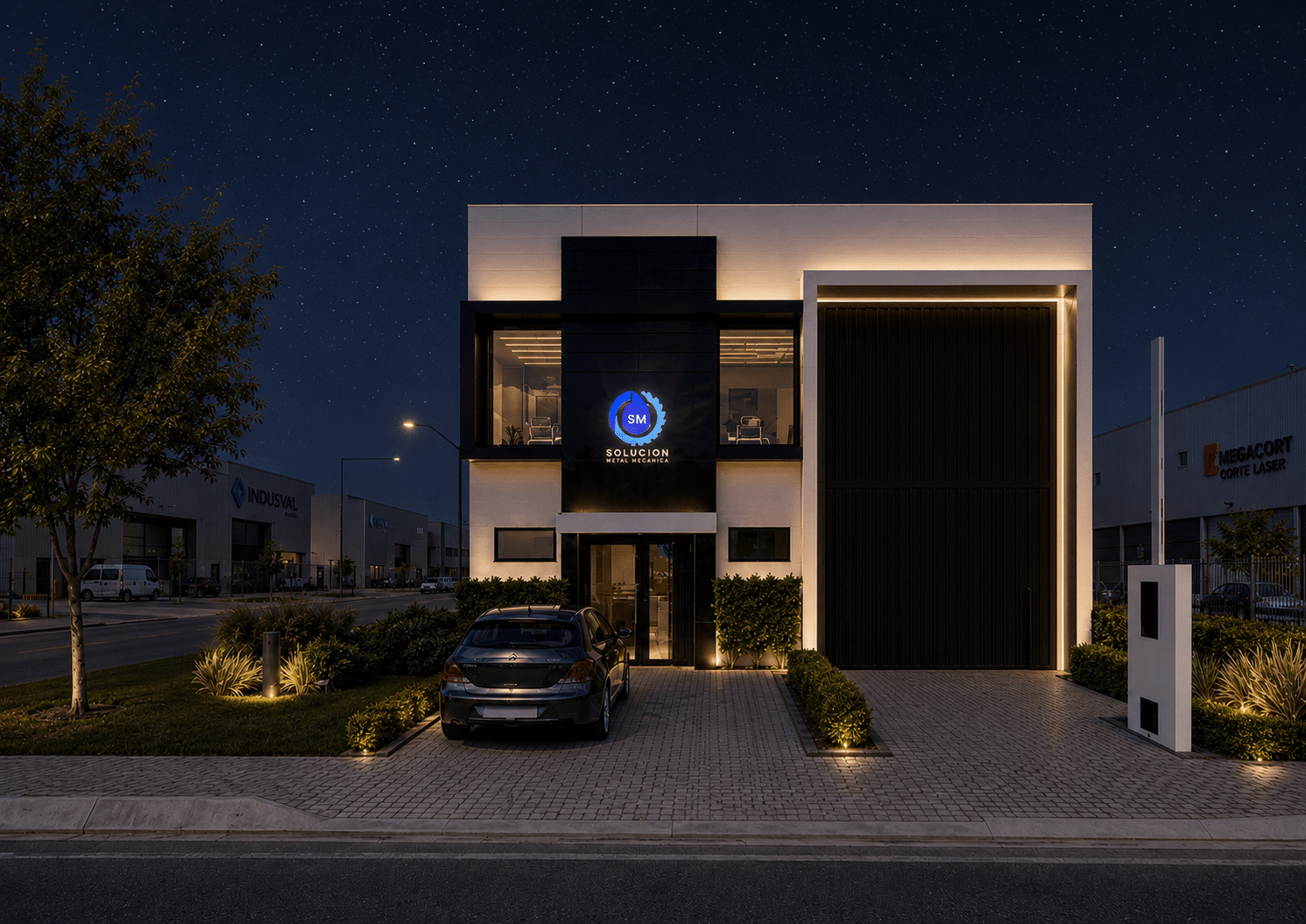 Fachada noturna da Solucion Máquinas Industriais em Terras di Treviso, Piracicaba, sob céu estrelado