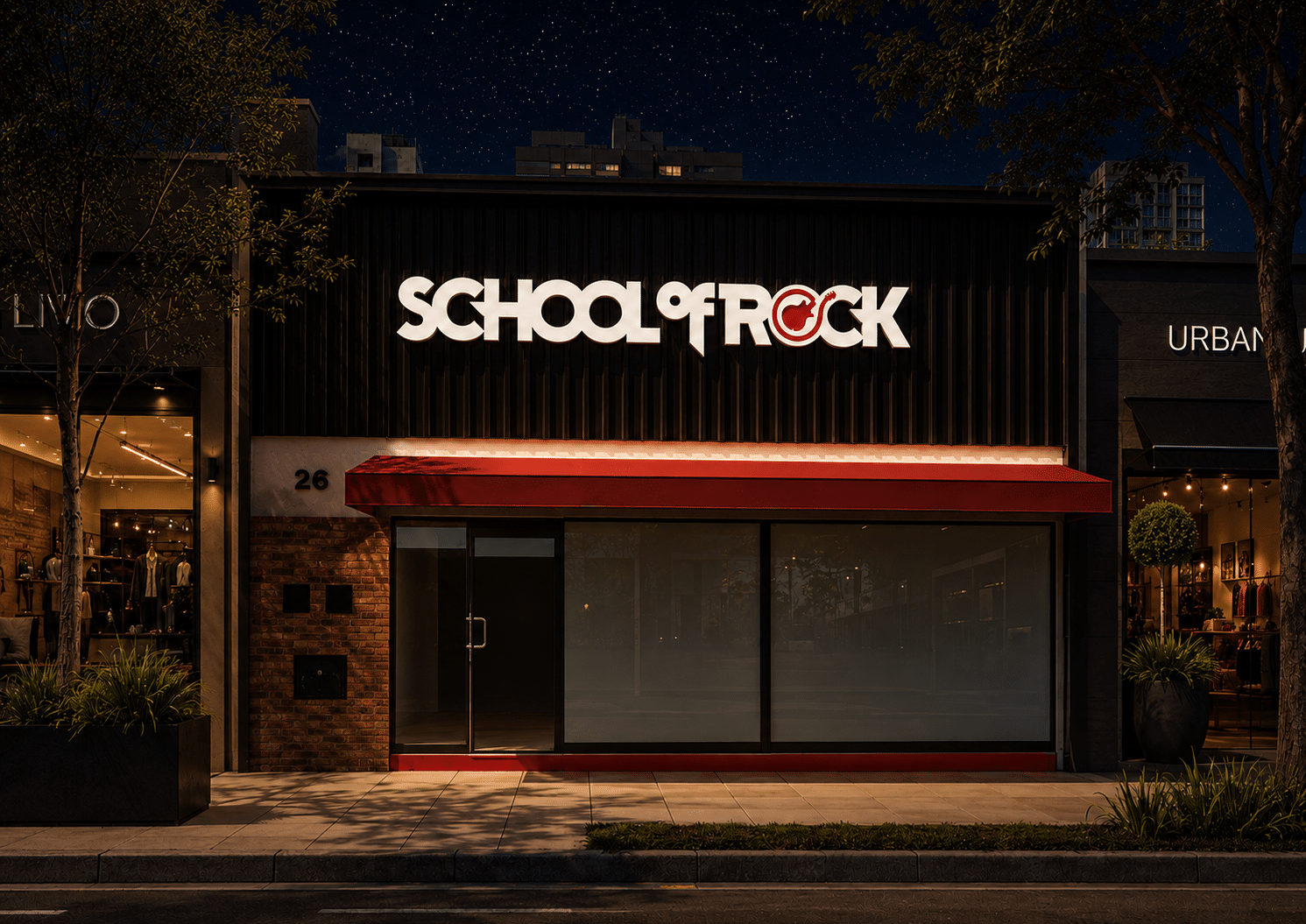 Fachada noturna da School of Rock em Piracicaba sob céu estrelado